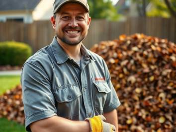 Smiling lawn care expert in uniform with gloves in a manicured backyard.