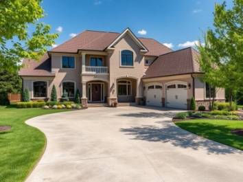 Elegant high-end home featuring a stylish concrete driveway.