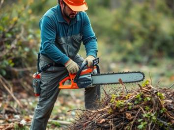 Expert bush and brush removal services with a worker using a chainsaw.