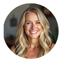 Smiling 44-year-old woman with long wavy blonde hair