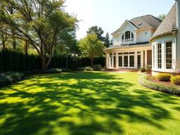 Luxurious home backyard with a manicured lawn on a sunny day.