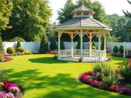 Serene manicured backyard lawn with gazebo, vibrant flowers, and gentle sunlight.