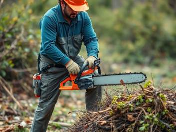 Expert bush and brush removal services with a worker using a chainsaw.
