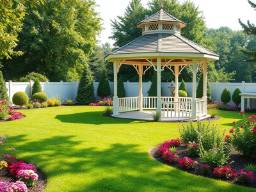 Serene manicured backyard lawn with gazebo, vibrant flowers, and gentle sunlight.