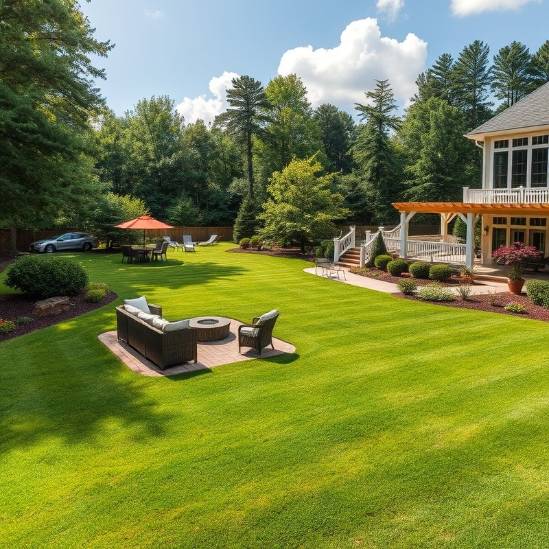 Beautifully landscaped North Carolina backyard with summer patio and furniture.